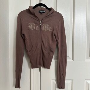 Vtg Bebe Y2K Brown Knit Zip-Up Hoodie Gothic Logo Size Small - Old English